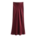 Detailed view of elegant wine red satin midi skirt with glossy texture and smooth drape - Burgundy
