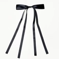 Elegant black satin ribbon bow hair clip with long streamers on white background - Black