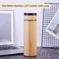 Bamboo vacuum thermos bottle 450ml with stainless steel lining and plastic handle lid - 500ml Cup with Plastic Handle and Bamboo Lid