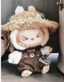 Labubu plush doll wearing brown bear overalls, white shirt and a beige furry sun hat - Dog Repair Suit + Lucky Hat / First And Second Generation Keychains Are Compatible With La Cloth Dolls. Dolls Not Included.