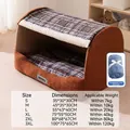 Brown velvet pet bed for dogs and cats with size chart for small to large breeds - Blue Bed + Blanket
