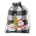 Black and white plaid cotton drawstring gift bag with cartoon Santa and snowman prints - B&W Plaid - Santa & Tree