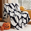 Plush Halloween ghost throw blanket draped over a sofa with festive pumpkin decorations - Black White Ghost Print / 100*130cm