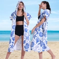 Hooded microfiber beach poncho with blue marine coral and starfish prints in white - Sleeveless Zipper Style - Blue Seashell