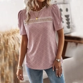 Pink short-sleeved top for women featuring lace patchwork and eyelet fabric design - S / Pink