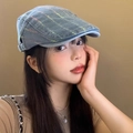 Detailed close-up of retro washed denim beret featuring colorful stitching and texture - Light Blue Rainbow Stripe