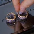 Elegant gold-plated hoop earrings featuring micro-pave set purple zircon crystals - Gold Purple Zircon Hoop Earrings
