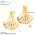 Detail of gold fan-shaped steel earrings with dimensions and enamel texture info - White