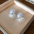 Close-up of pearl earrings with 18k gold plating and zircon firework detail in a gift box - 32# Silver Needle - Silver - Fireworks