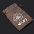 Brauner Wildleder-Wiking-Schmuckbeutel mit weißer Valknut-Rune und Wikinger-Text - Aufbewahrungszubehör / Wikingerrunen-Kordelzug-Aufbewahrungstasche