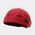 Detail of red cotton canvas docker hat with brown leather label and W letter embroidery - Adjustable / Letter W Patch Dark Red