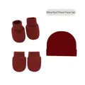 Three-piece infant set in wine red featuring cotton beanie, mittens and booties - Wine Red (3-Piece Set)
