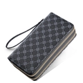 Detailed side view of dark grey long wallet with double zipper and floral pattern - SLW-203 Black