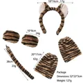 Tiger stripe plush animal costume set with dimensions of headband, tail, and covers - Brown Tiger Faux Fur Set Ears Tail Wrist and Leg Covers