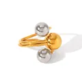 Modern bicolor minimalist ring with gold and silver spheres in a geometric arched design - R30327-GS-Two Tone Metal Ball Decor