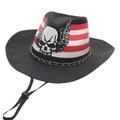 Cappello da cowboy nero con emblema del teschio alato e nastro con bandiera americana - Stile Ali di Teschio Americano / Con Corda Antivento