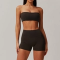 Women's dark brown two-piece yoga set with tube top and high waist sports shorts - S / Top And Bottom / Black Coffee