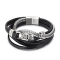 Bracciale multistrato da uomo in pelle nera intrecciata e catena in acciaio inox - Stile A Colore Acciaio