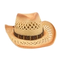 Cappello da cowboy in paglia beige traspirante con fascia in ecopelle e borchie metalliche - Cachi 1 (Cintura Caffè con Borchie in Metallo)