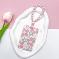 Floral ID card holder with pink and blue flowers on a pink beaded wristlet strap - Star Bracelet (Pink) / Pale Blue