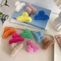 Colorful plush shark hair clips in multiple vibrant faux fur shades for women - S / Brown
