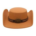 Western cowboy style camel felt hat featuring leather band with vintage metal bull head - Camel (Bronze Bull Head) / One Size