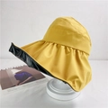 Detail of wide brim yellow sun hat with black UV protective lining on white stand - M (56-58cm) / Yellow