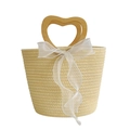 Dolce borsa intrecciata con manico in legno a cuore e fiocco in seta bianca decorativo - Giallo chiaro