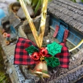 Christmas pet bow ornament with red plaid fabric, holly leaves, and golden bell - Style 3-Red Black Plaid Green Leaf Berry Single Bell