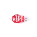 Close-up of a red handmade glass fish pendant with white stripes and blue eyes - Red (Double Hole 8#)