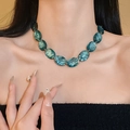 Collier ras du cou perles ovales marbrées sarcelle avec acier inoxydable doré - Style Perle Ovale Vert Oeuf de Cane (79# Collier-Or-Vert)