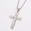 Macro view of silver cross pendant with detailed religious prayer engraving on layered metal - With Chain / Large (60mm x 39mm) / Steel
