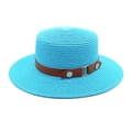 Detailed close-up of blue straw sun hat featuring brown faux leather belt and metal buckle - M (56-58cm) / Lake Blue