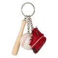Mini baseball keychain with wooden bat, white ball, and red leather glove charms - Designer Black Rope Set / Red
