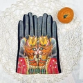 Dunkelgraue und rote Wildlederhandschuhe mit Katzen-Print und goldener Krone - Stil 1 (Königskatze)