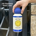 White 316 stainless steel insulated water bottle with yellow smiley face and blue lid - 350ml / Dark Blue Spherical Lid / Dark Blue Smiley