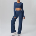 Marineblauw yoga-set met crop top en broek met wijde pijpen en hoge taille voor dames - S / Marineblauw