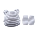 Detail of striped baby knit hat with cute bear ears and matching anti-scratch mittens set - Hat And Gloves / Grey and White Stripes