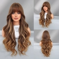 Long wavy synthetic wig with bangs and blonde highlights on brown hair for women - 75cm / Antique Gold Highlight
