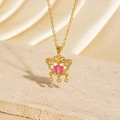 Gold butterfly necklace with pink and white enamel inlay and sparkling crystals - BXL0256-18 Pink White Enamel Butterfly