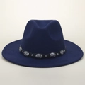 Dark blue felt fedora hat featuring a black band with engraved silver starburst studs - M (56-58cm) / Rivet Cross Flower Belt Style / Navy Blue