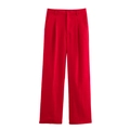 Détail du pantalon rouge à taille haute et jambe large avec des plis de tailleur chic - S / Bas / Pantalons