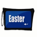 Easter bunny cosmetic bag in black with blue enter key design and wrist strap - Black Background Blue Enter Key Easter Design