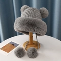 Winter plush trapper hat in dark grey with faux fur pom-poms and warm ear flaps - Four Fur Balls Plush Hat / Gray