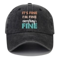 Close-up of printed slogan on washed dark grey cotton baseball cap with curved brim - Black