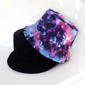 Close-up of a black and a blue-purple tie-dye bucket hat made of durable twill cotton fabric - Pink Purple Blue Tie-dye