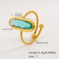 Bague ouverte en acier doré 18k avec pierre ovale en verre tchèque vert - US 7 / Vert Pâle