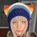 Handmade crochet cat ear beanie with colorful orange, yellow, and blue stripes - Adult 56-59cm / Orange Yellow White Blue+3 White Stars