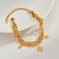 Pulsera de acero inoxidable dorado de doble capa con estrellas y hojas de forma romboide - Pulsera De Capas De Estrella De Ocho Puntas / Dorado