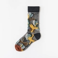 Sheer glass silk crew socks with bird and leaf floral patterns in dark grey and yellow - One Size / Pigeon